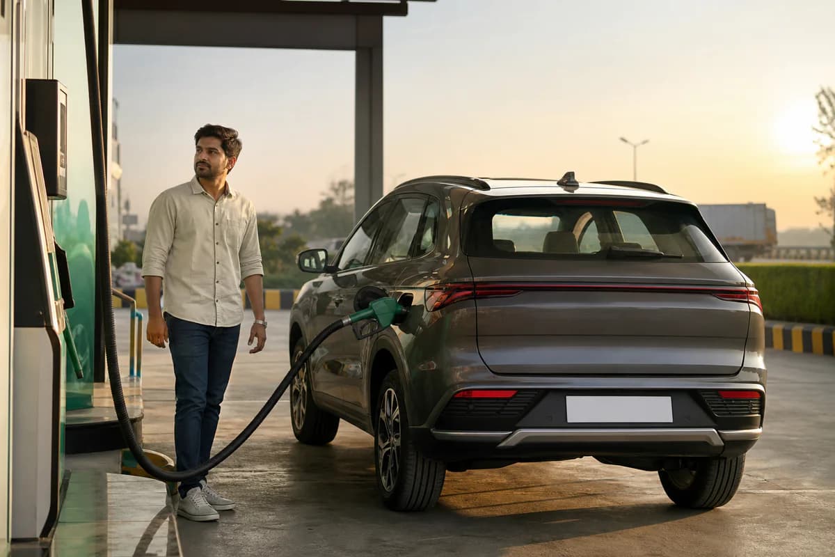 An Indian driver refuelling a car at a modern fuel station